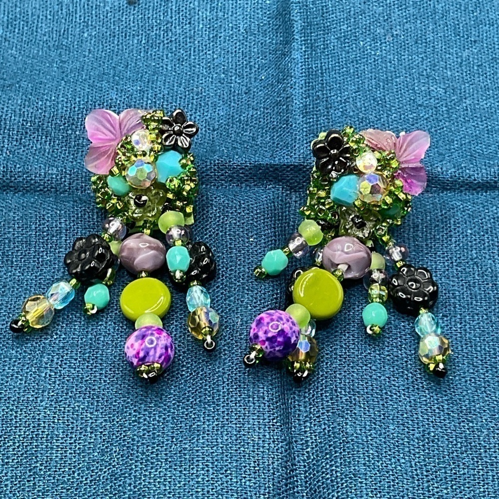 Eclectic artist made dangly beaded earrings vintage quirky green & purple